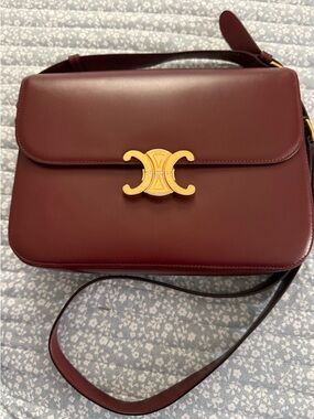 Celine Shoulder Bag in Burgundy with Gold Triomphe Clasp